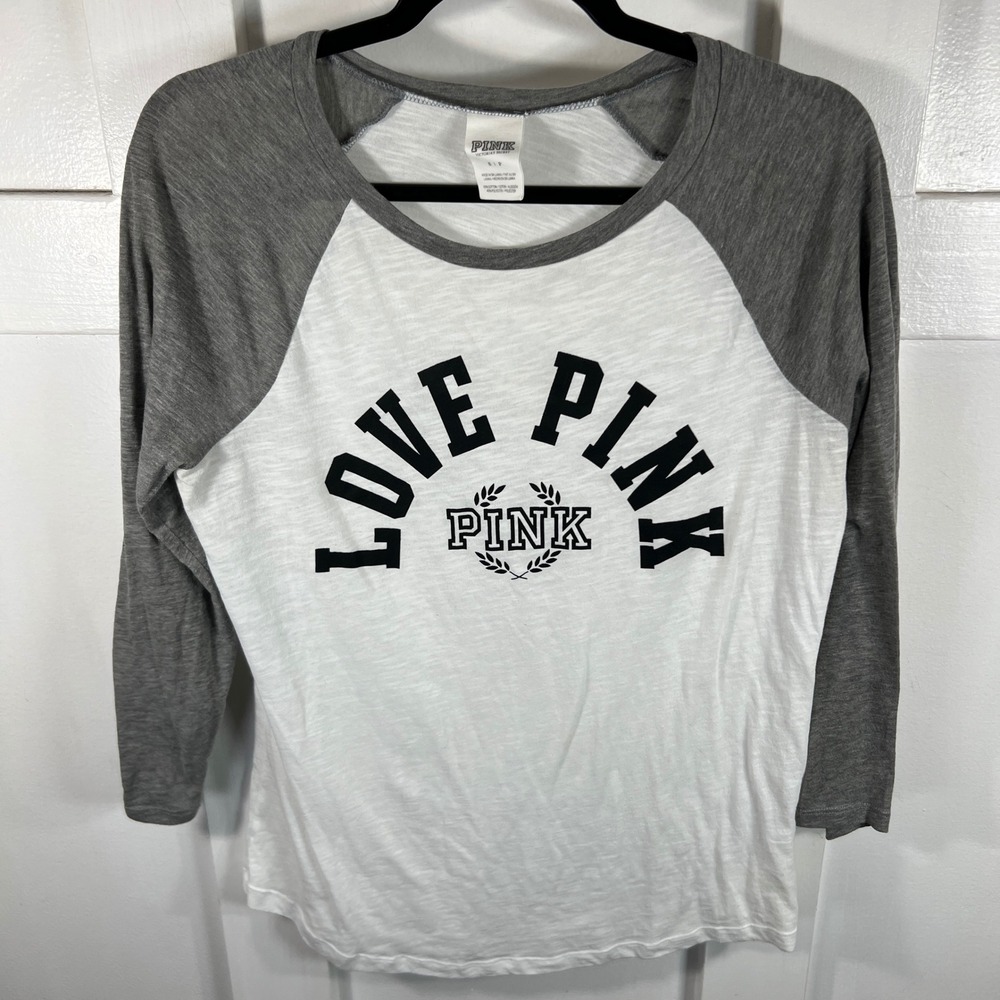 Victoria's Secret PINK Raglan Baseball Tee Grey White Love Pink Graphic Small